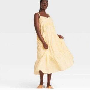 Yellow Prairie style Boho tiered flowy midi sundress milkmaid The Nines by HATCH